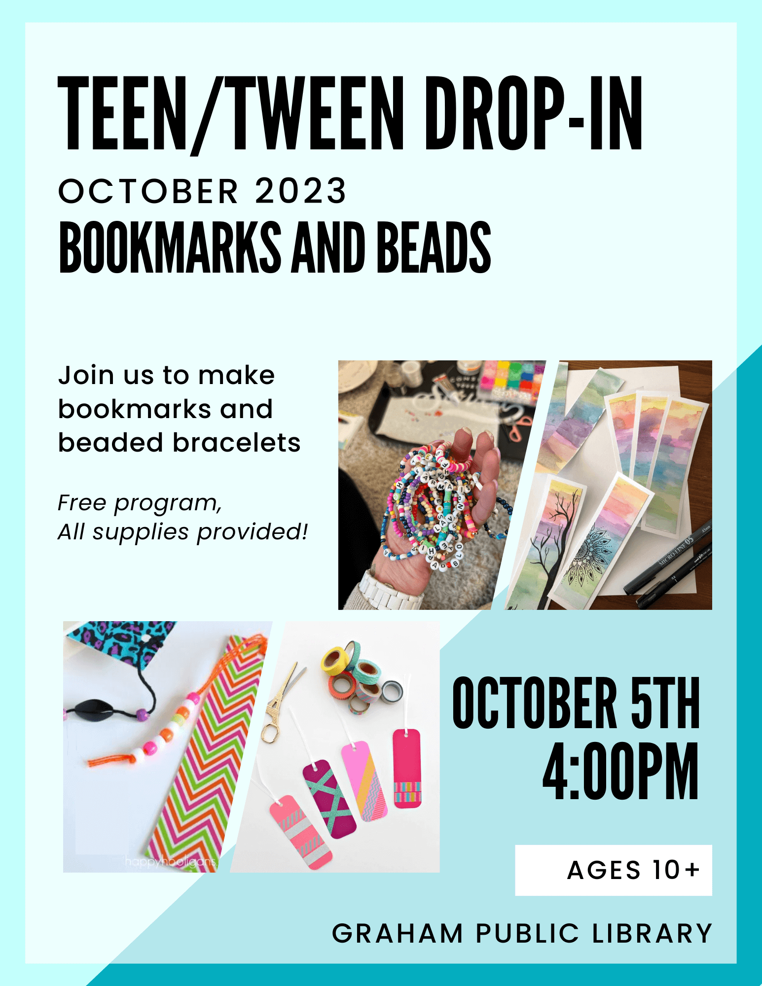 oct teen drop in teen drop in. October 5 at 4pm. making bookmarks